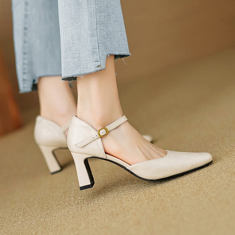 Women's Pointed Toe Pumps with Ankle Strap in Genuine Leather