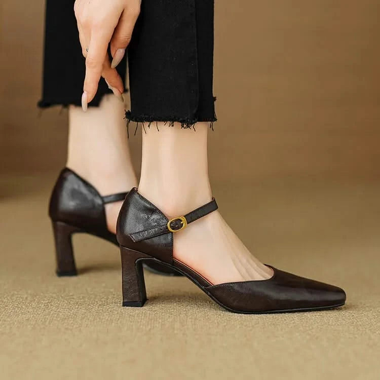 Women's Pointed Toe Pumps with Ankle Strap in Genuine Leather