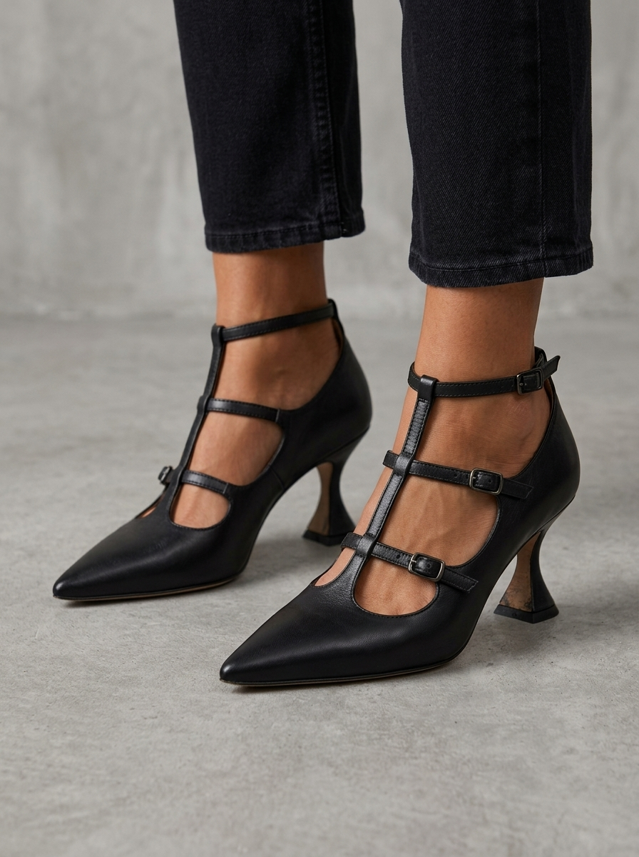 Women's Kitten Heel Pumps with Pointed Toe and Straps