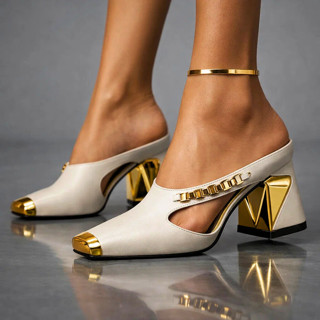 Women's Block Heel Pumps with Metallic Accents