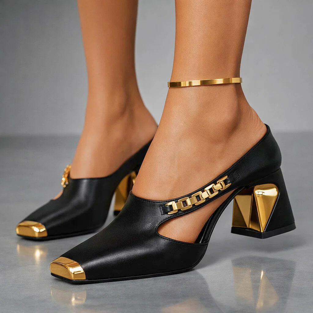 Women's Block Heel Pumps with Metallic Accents