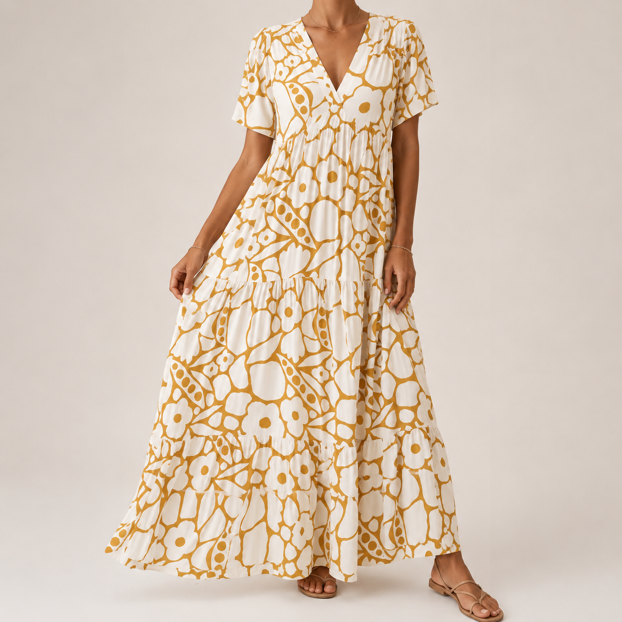 Women's Bohemian Print Long Dress with V-Neckline