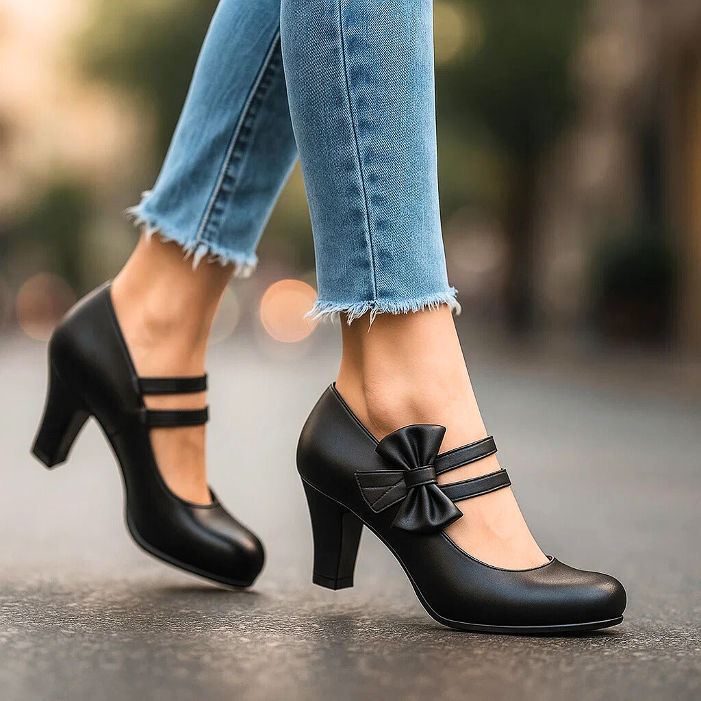 Women's Mary Jane Heels with Bow and Block Heel