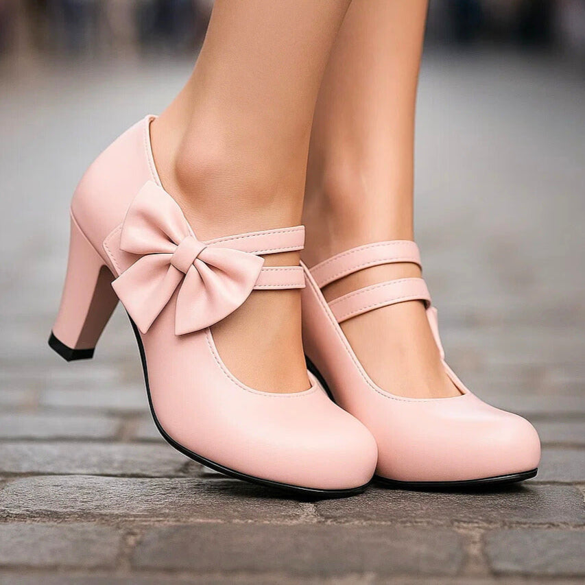 Women's Mary Jane Heels with Bow and Block Heel
