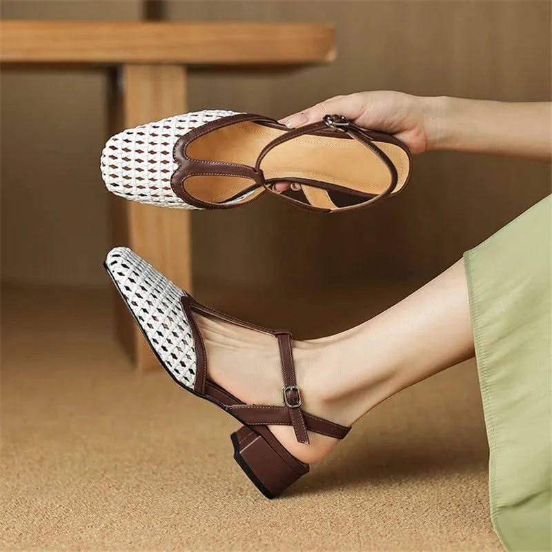 Women's T-Strap Block Heel Pumps with Woven Design