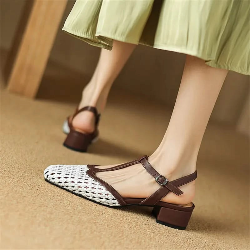 Women's T-Strap Block Heel Pumps with Woven Design