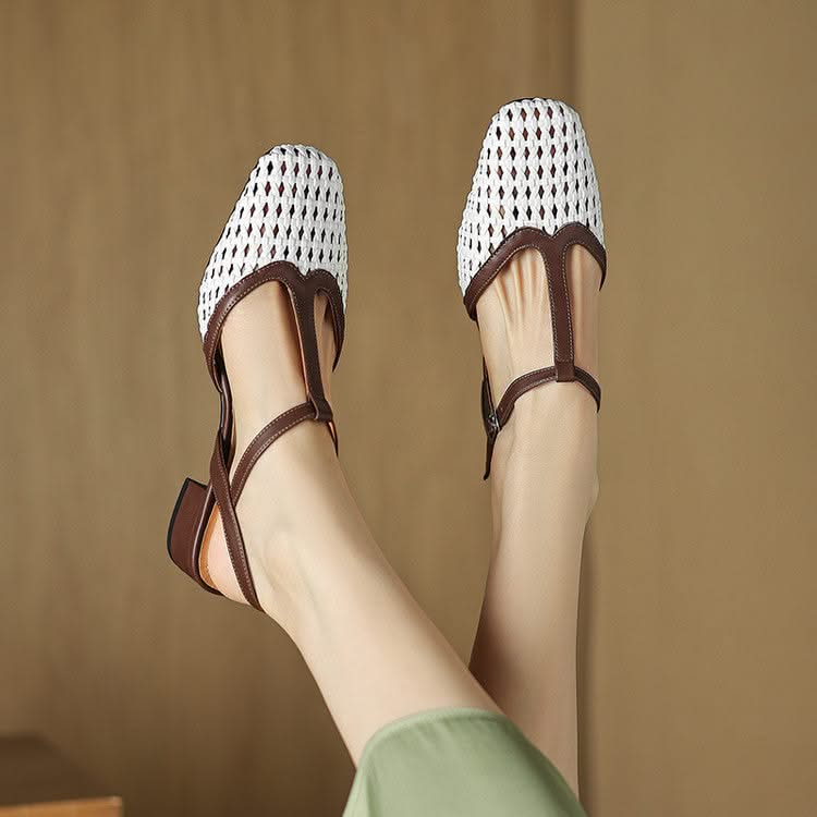 Women's T-Strap Block Heel Pumps with Woven Design