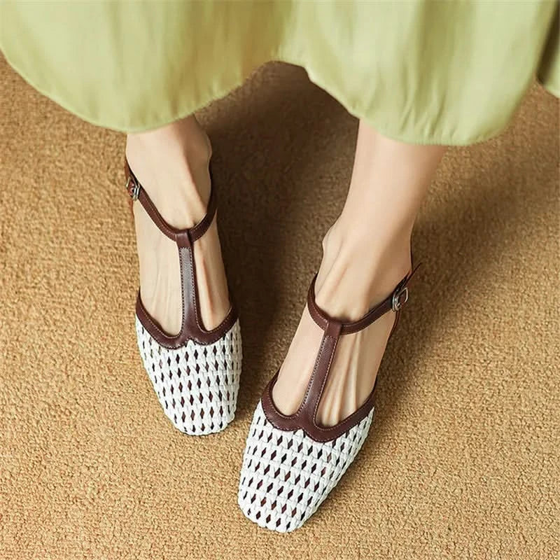 Women's T-Strap Block Heel Pumps with Woven Design