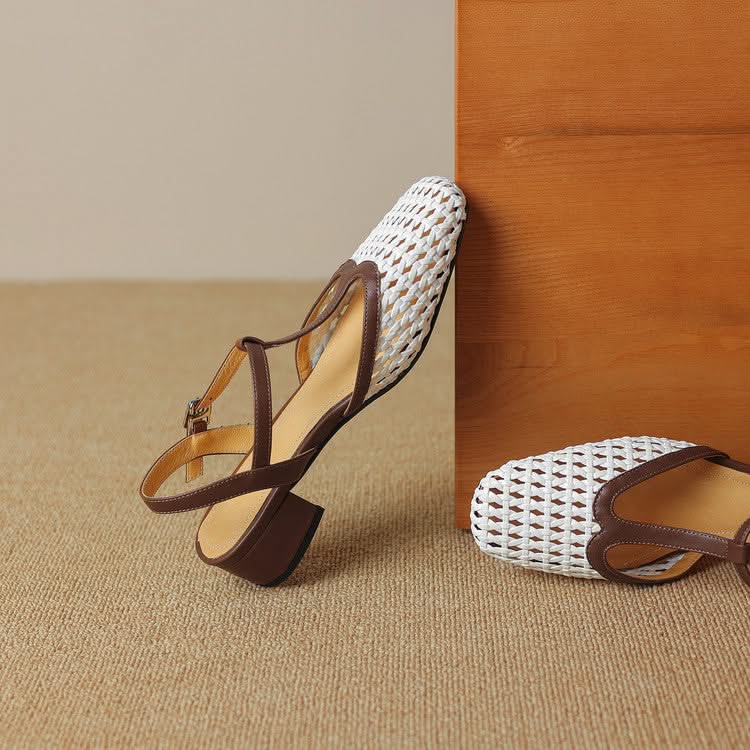 Women's T-Strap Block Heel Pumps with Woven Design