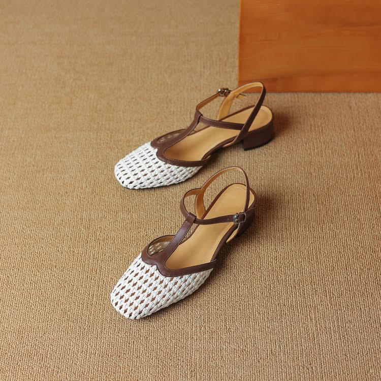 Women's T-Strap Block Heel Pumps with Woven Design