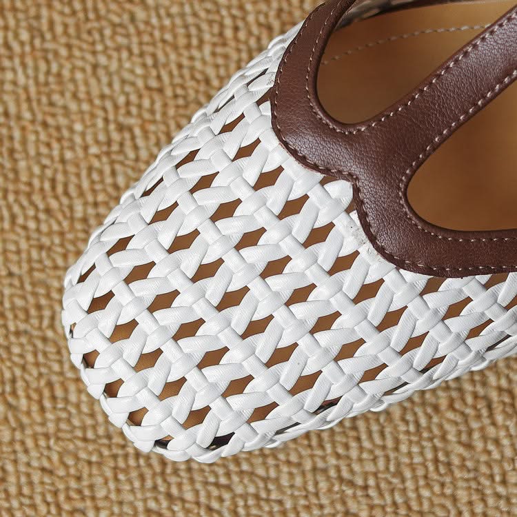 Women's T-Strap Block Heel Pumps with Woven Design