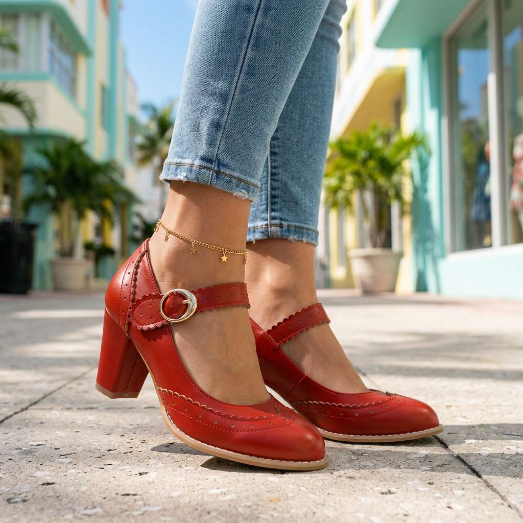 Women's Brogue-Edged Mary Jane Pumps with Cushioned Insole