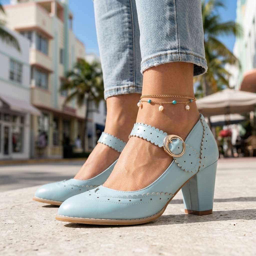 Women's Brogue-Edged Mary Jane Pumps with Cushioned Insole