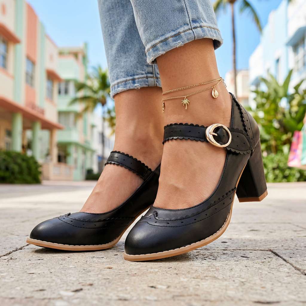 Women's Brogue-Edged Mary Jane Pumps with Cushioned Insole