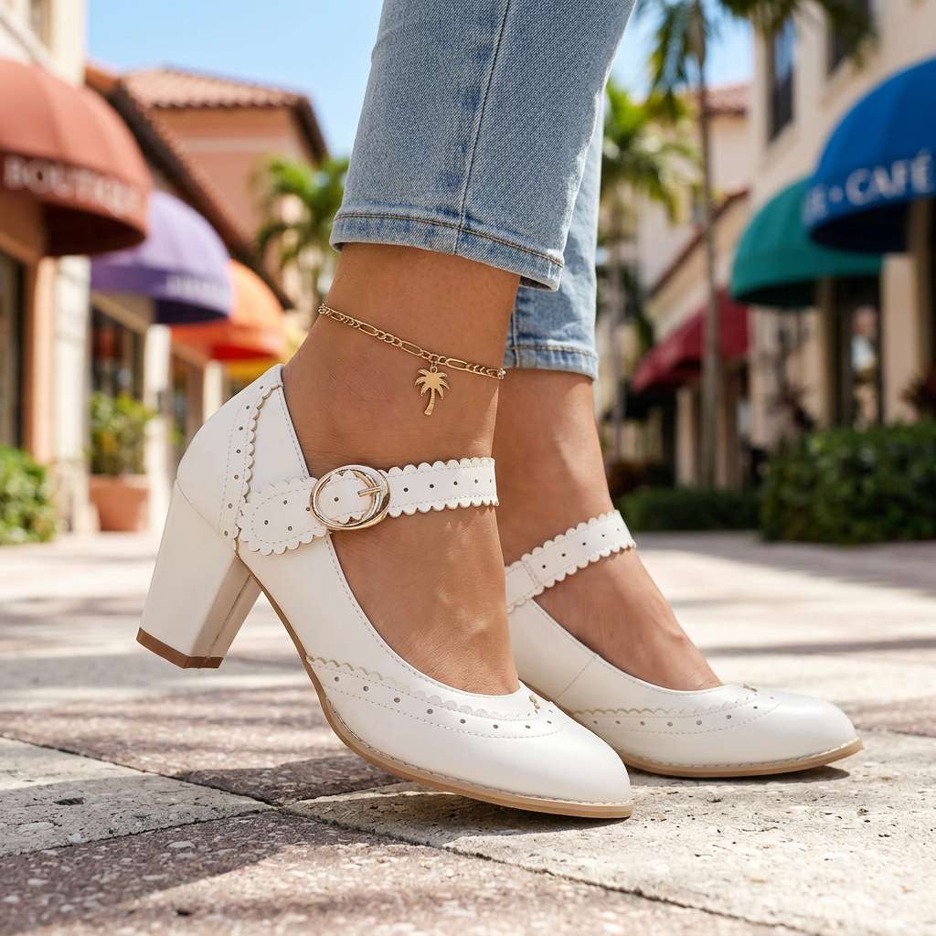 Women's Brogue-Edged Mary Jane Pumps with Cushioned Insole