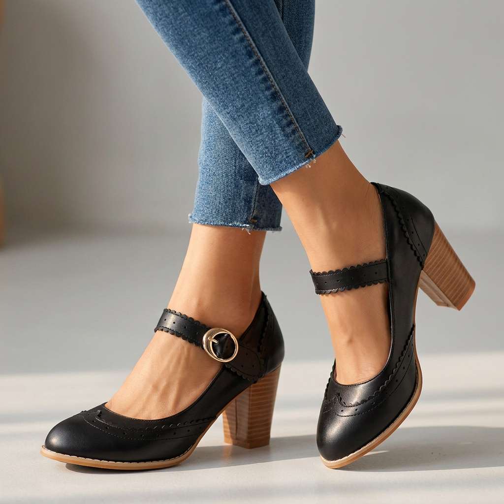 Women's Brogue-Edged Mary Jane Pumps with Cushioned Insole