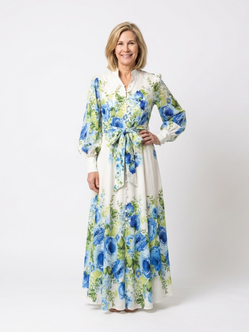 Women's Button Detail Long Sleeve Maxi Dress