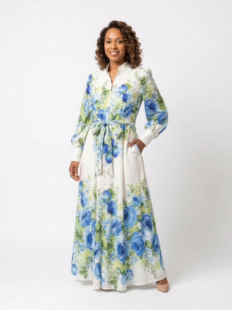 Women's Button Detail Long Sleeve Maxi Dress