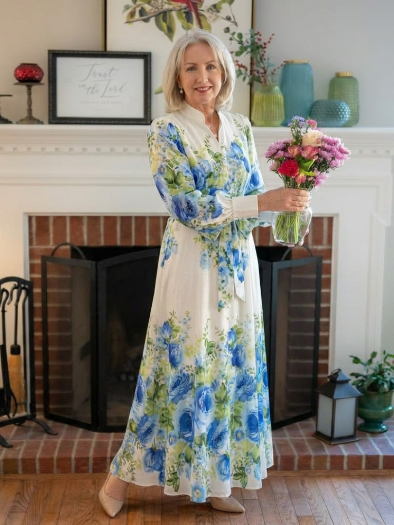 Women's Button Detail Long Sleeve Maxi Dress