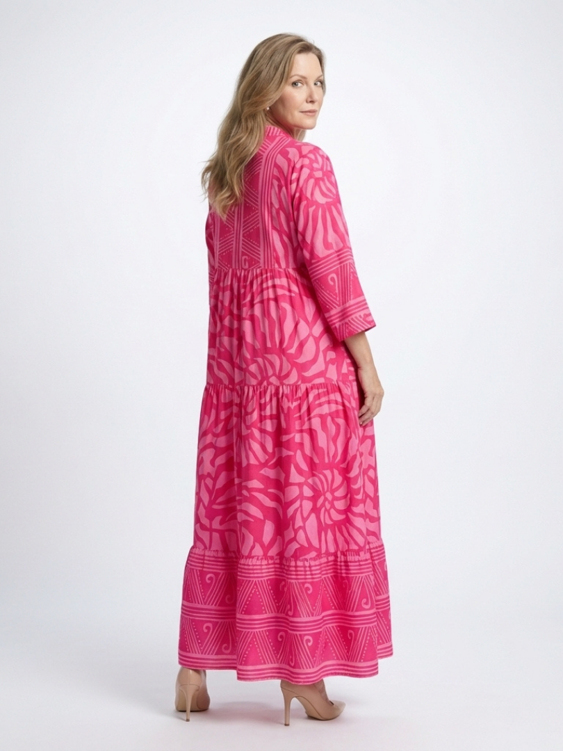 Women's Buttoned Front Midi Dress with Elbow-Length Sleeves