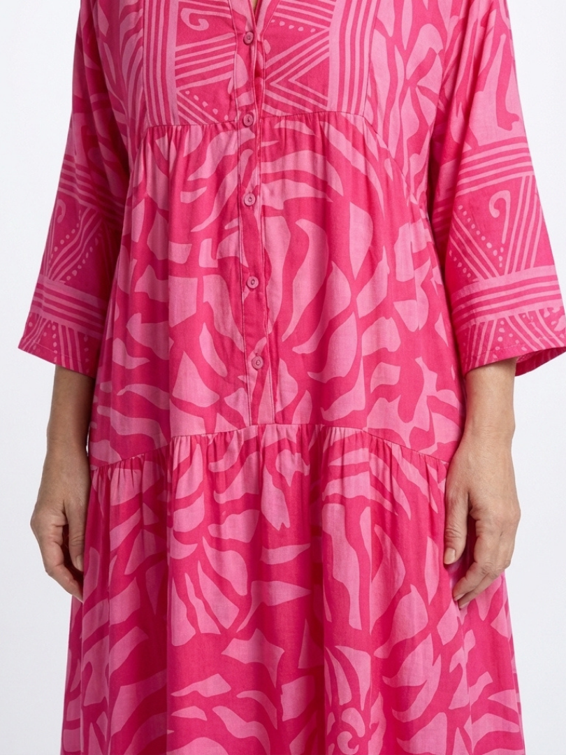Women's Buttoned Front Midi Dress with Elbow-Length Sleeves