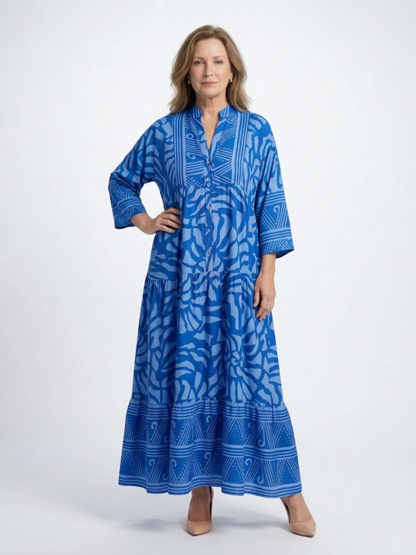 Women's Buttoned Front Midi Dress with Elbow-Length Sleeves