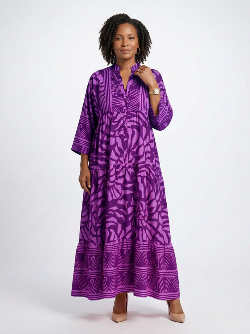 Women's Buttoned Front Midi Dress with Elbow-Length Sleeves