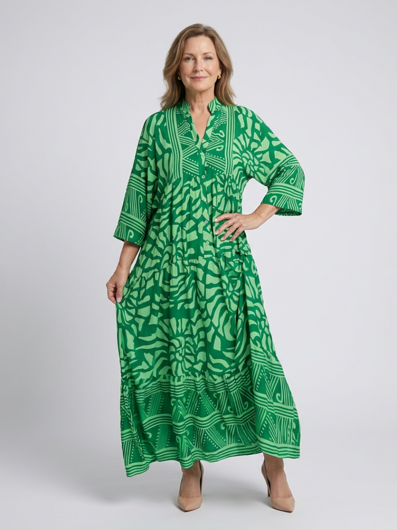 Women's Buttoned Front Midi Dress with Elbow-Length Sleeves