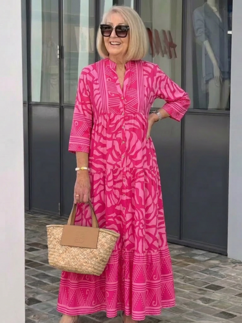 Women's Buttoned Front Midi Dress with Elbow-Length Sleeves