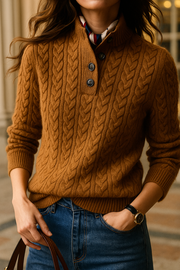 Women's Cable Knit Button-Neck Sweater with Relaxed Fit