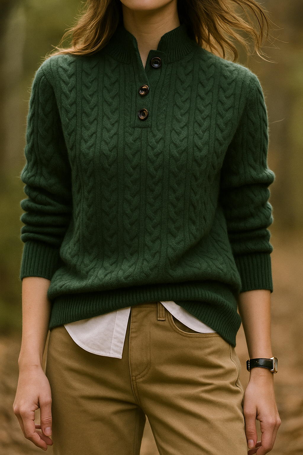 Women's Cable Knit Button-Neck Sweater with Relaxed Fit