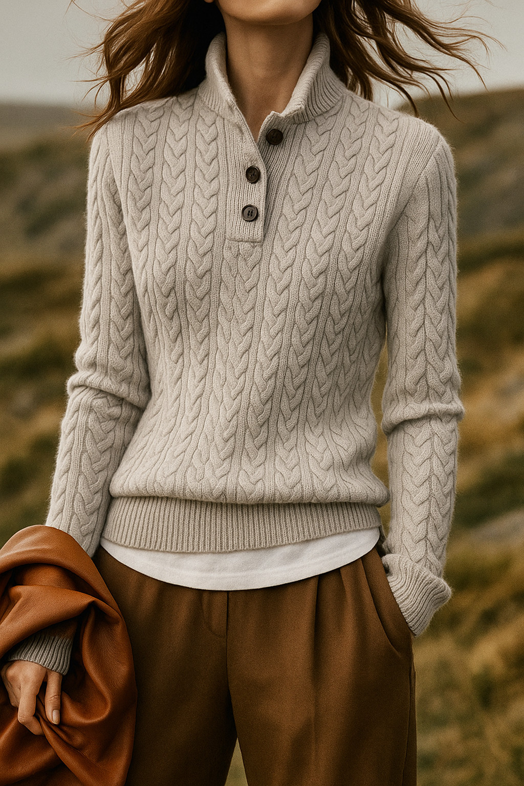 Women's Cable Knit Button-Neck Sweater with Relaxed Fit