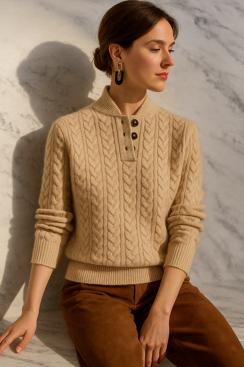 Women's Cable Knit Button-Neck Sweater with Relaxed Fit