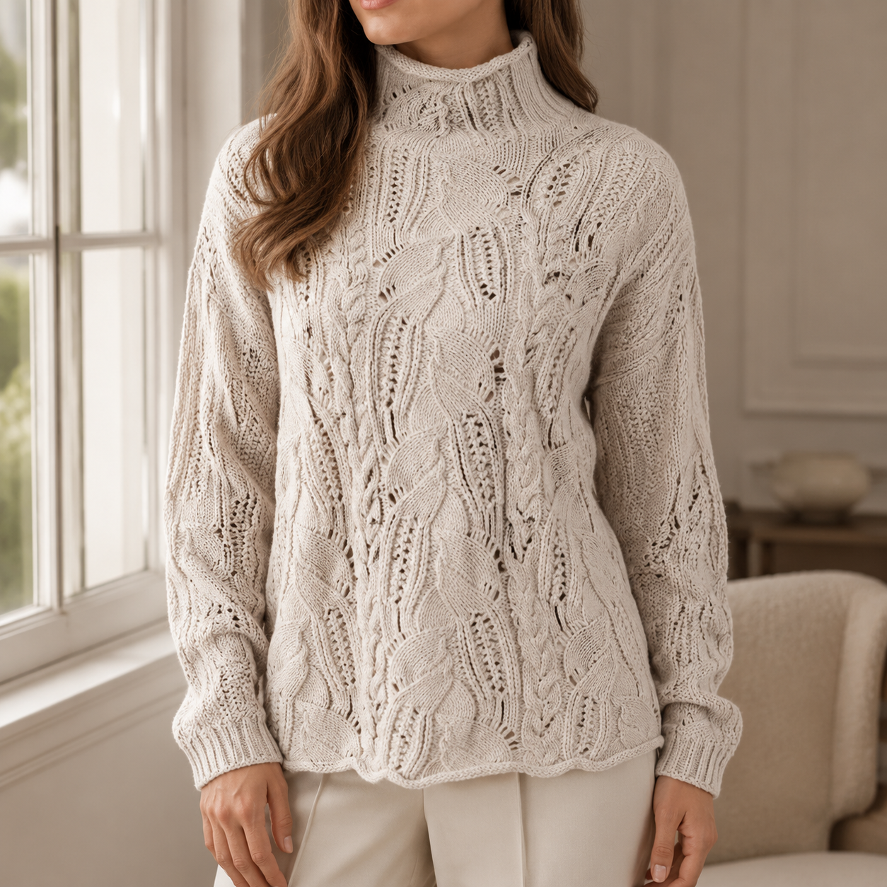 Women's Cable Knit Turtleneck Sweater with Cozy Fit