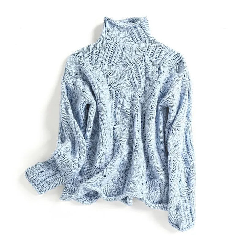 Women's Cable Knit Turtleneck Sweater with Pointelle Detail