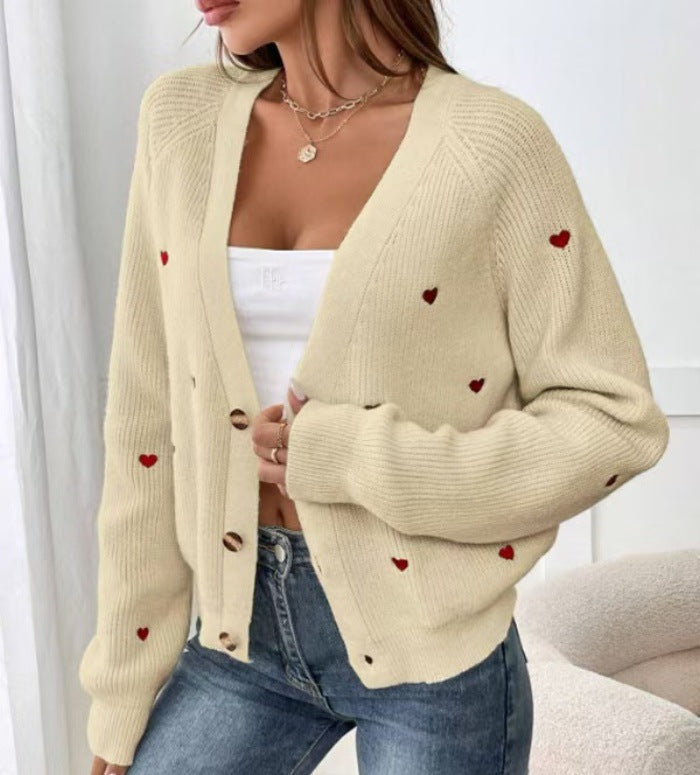 Women's Casual Open Cardigan with Heart Appliqués for Cozy Layering