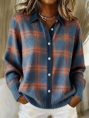 Women's Check Knit Cardigan with Shirt Collar and Button Front
