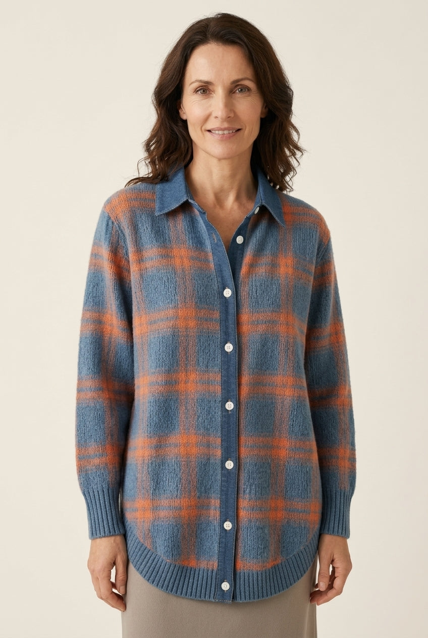 Women's Checked Long Sleeve Cardigan with Button Closure