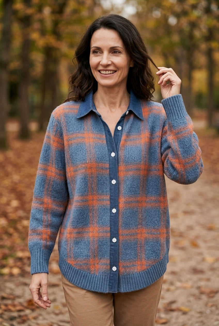 Women's Checked Long Sleeve Cardigan with Button Closure
