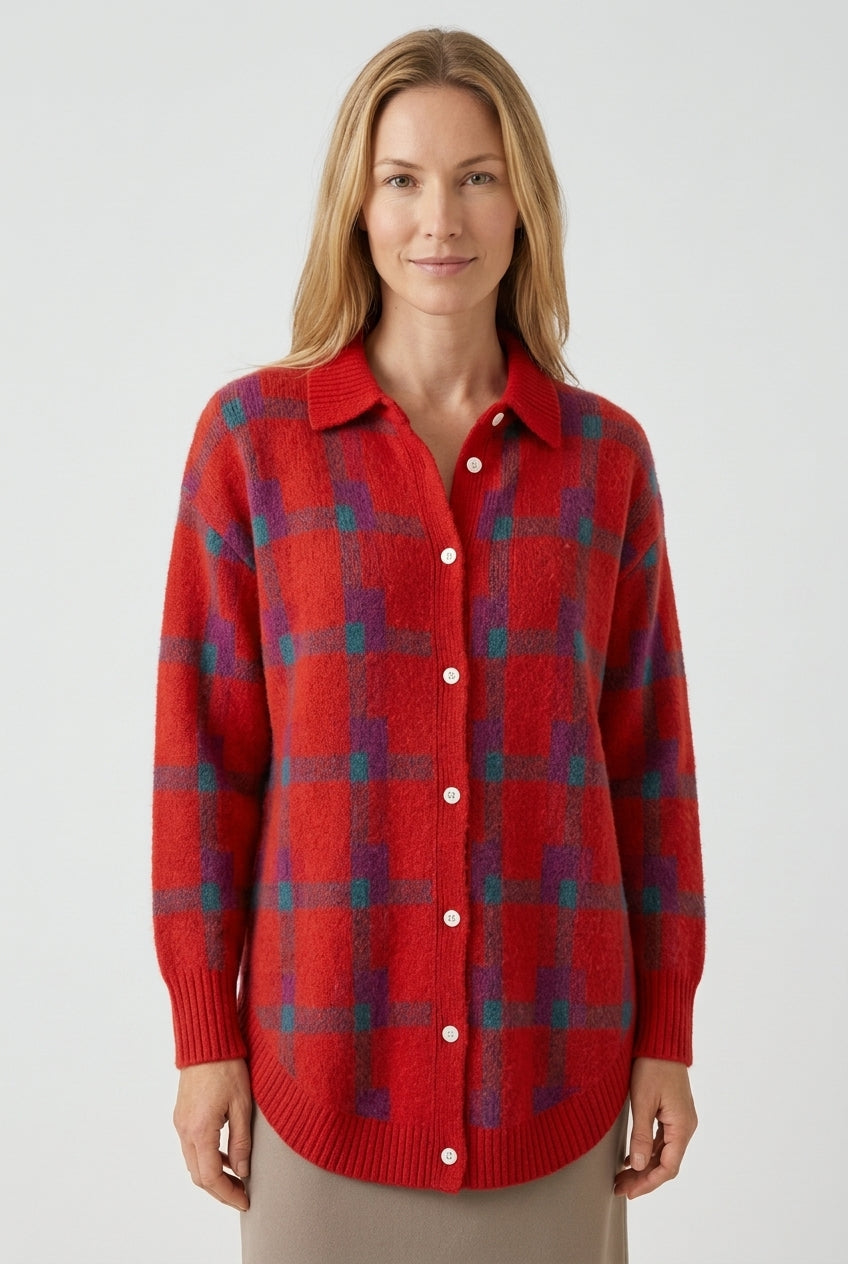Women's Checked Long Sleeve Cardigan with Button Closure