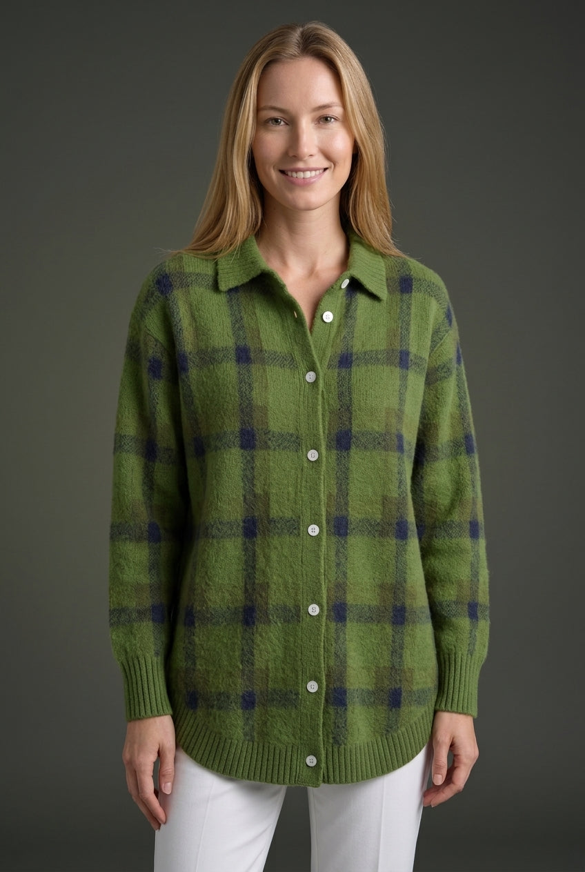 Women's Checked Long Sleeve Cardigan with Button Closure