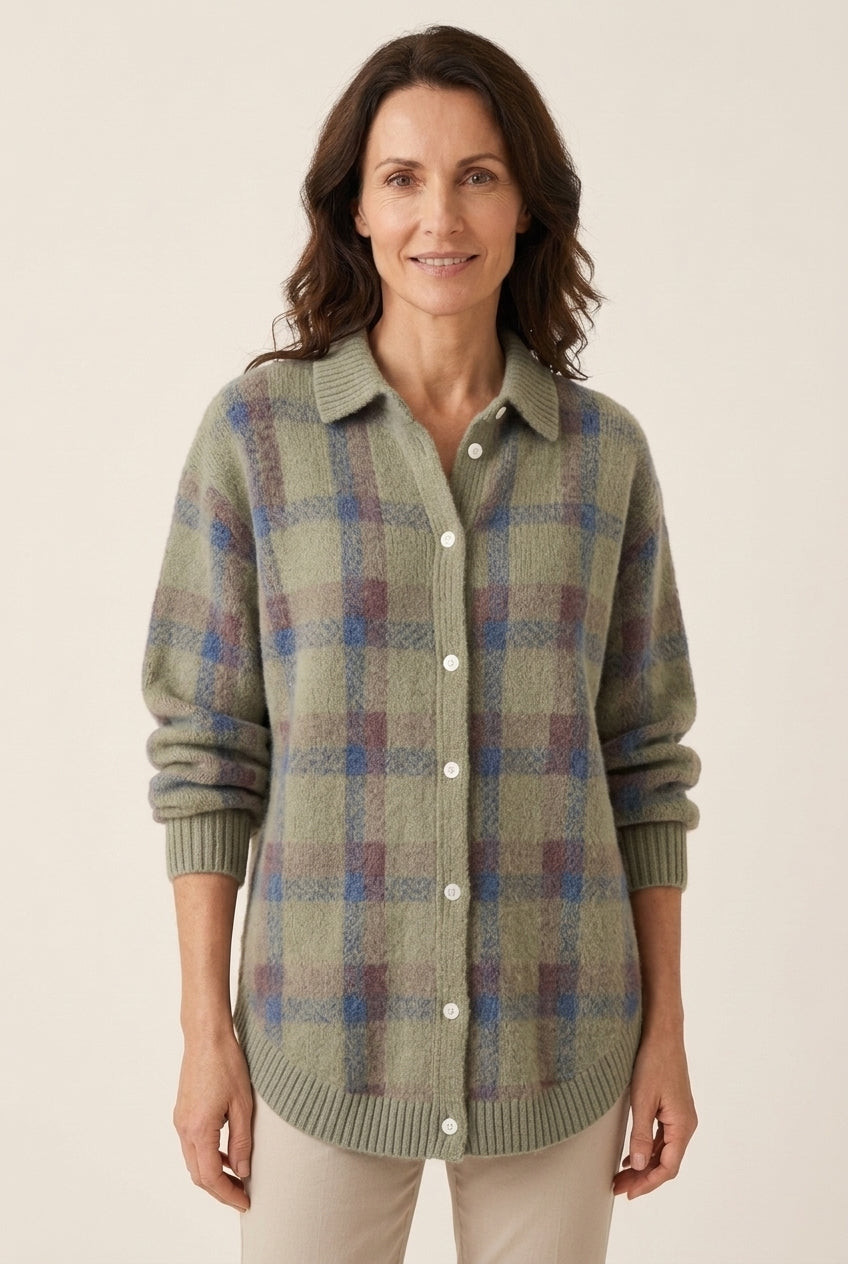 Women's Checked Long Sleeve Cardigan with Button Closure