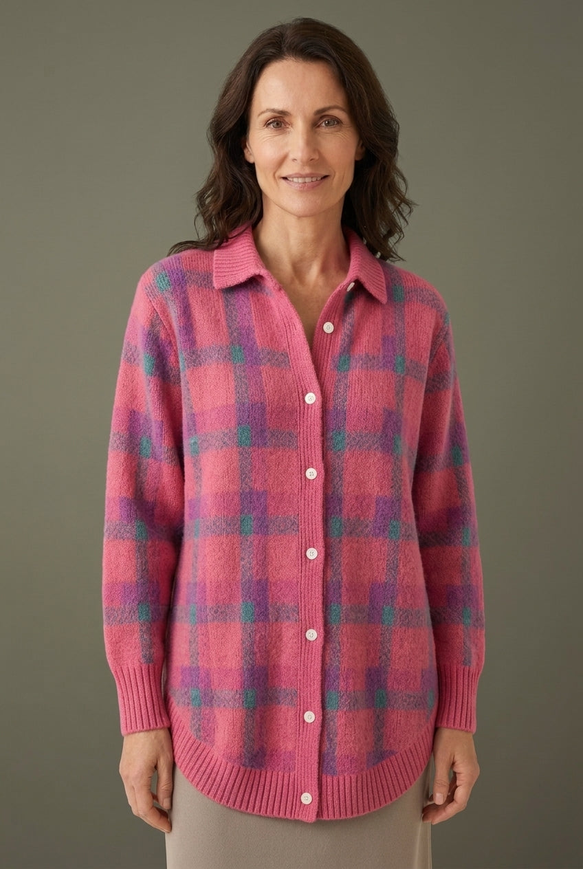 Women's Checked Long Sleeve Cardigan with Button Closure