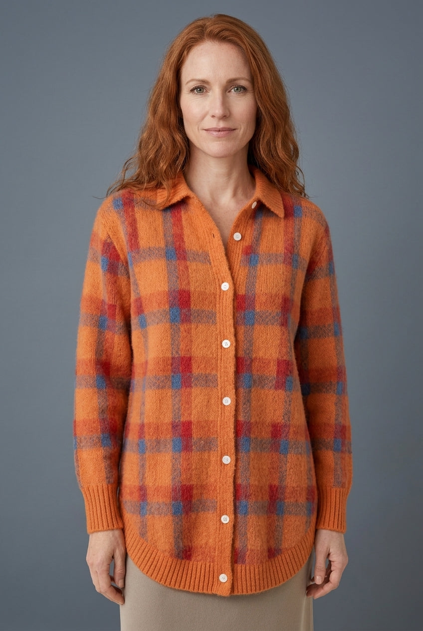 Women's Checked Long Sleeve Cardigan with Button Closure