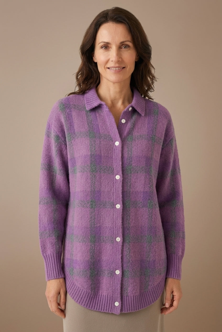 Women's Checked Long Sleeve Cardigan with Button Closure