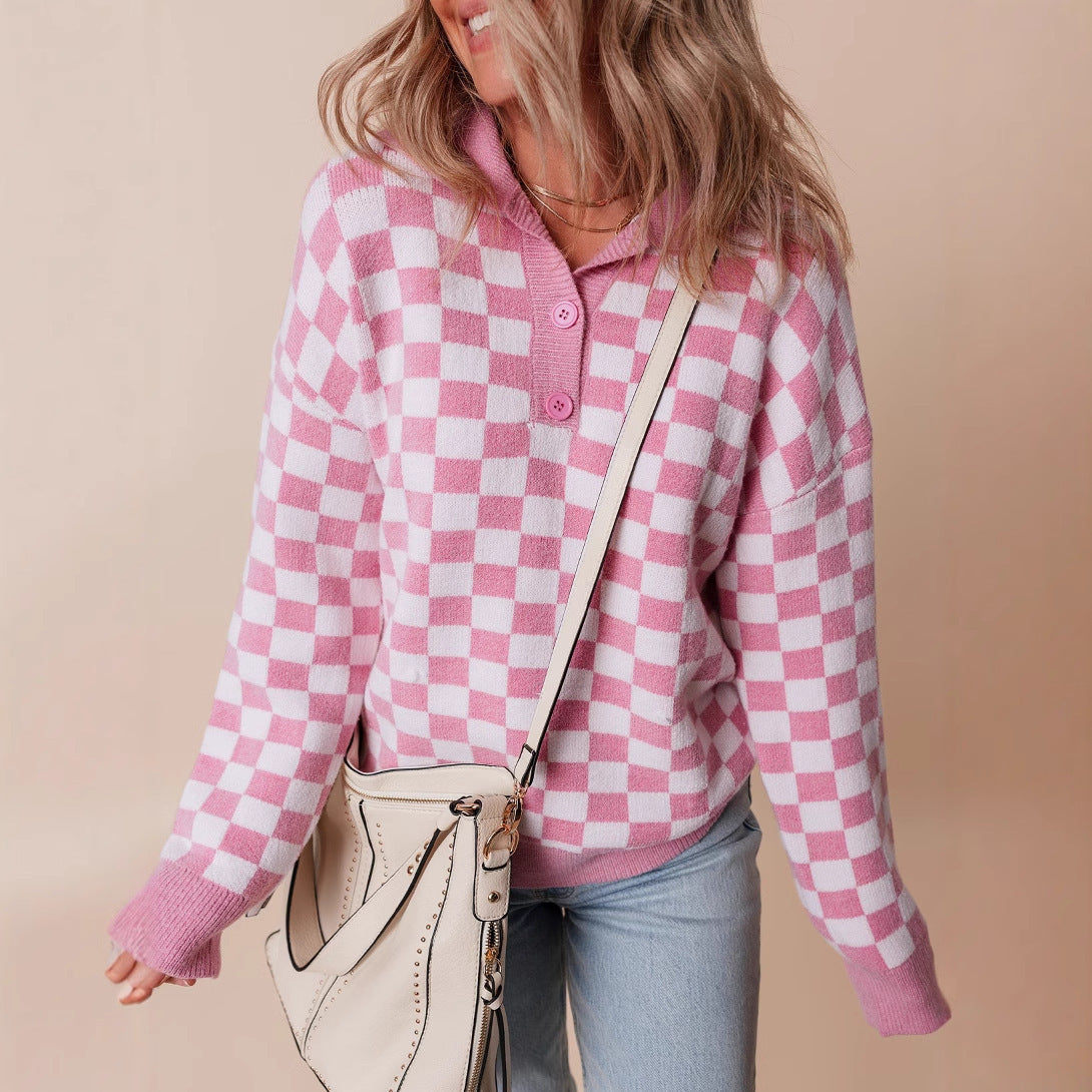 Women's Checkerboard Knit Sweater with Collared Neck