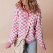 Women's Checkerboard Knit Sweater with Collared Neck