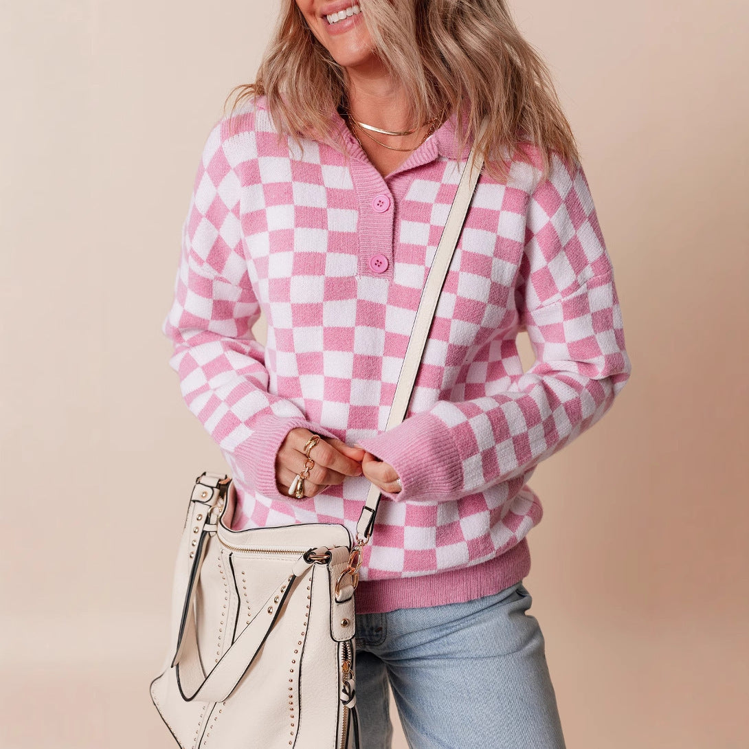 Women's Checkerboard Knit Sweater with Collared Neck