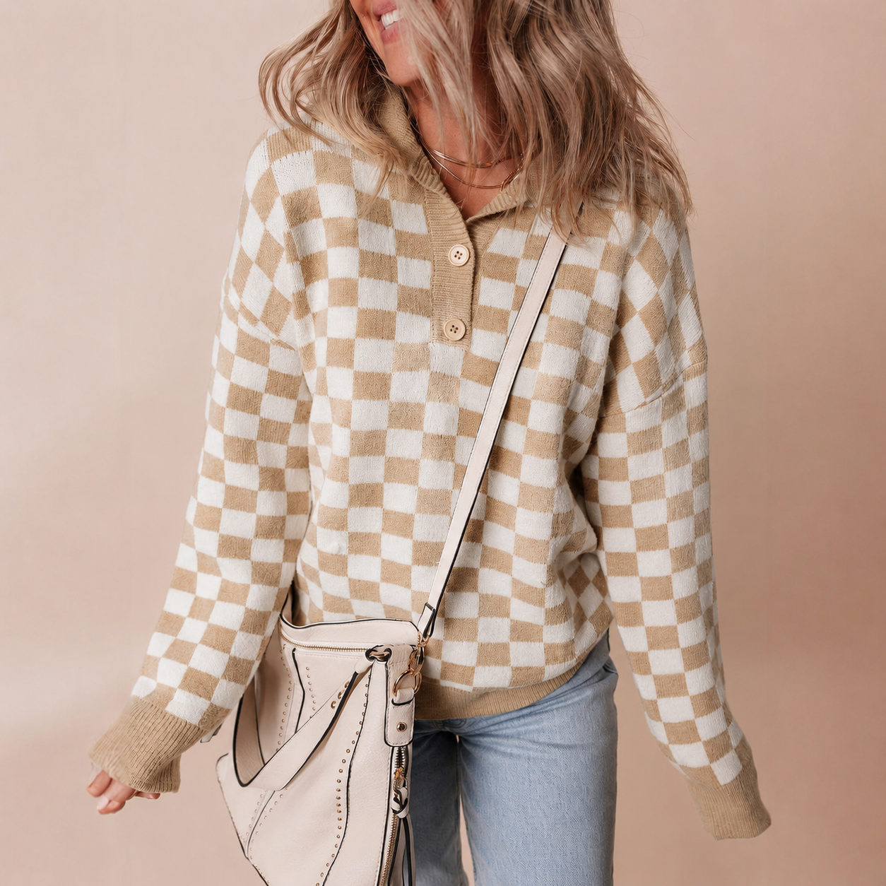 Women's Checkerboard Knit Sweater with Collared Neck