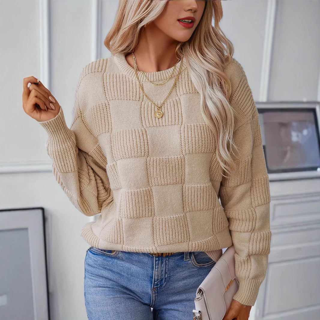 Women's Checkered Knit Sweater with Relaxed Fit